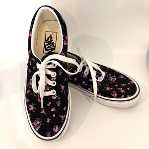 Vans Womens 7 Mens 5.5 Authentic Floral Print Sneakers Black Canvas Lace Up Low